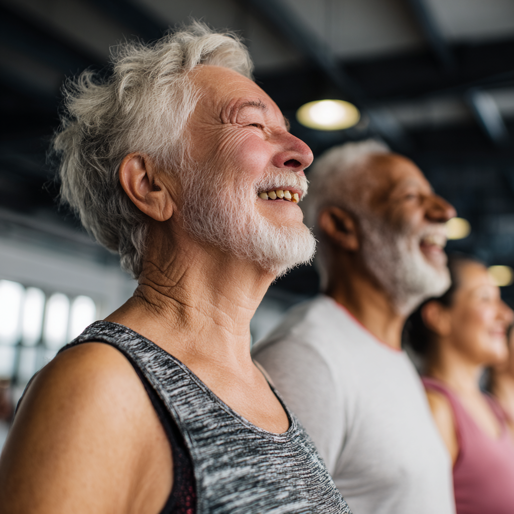 Confident elderly European man in athletic wear stretching outdoors with a peaceful smile