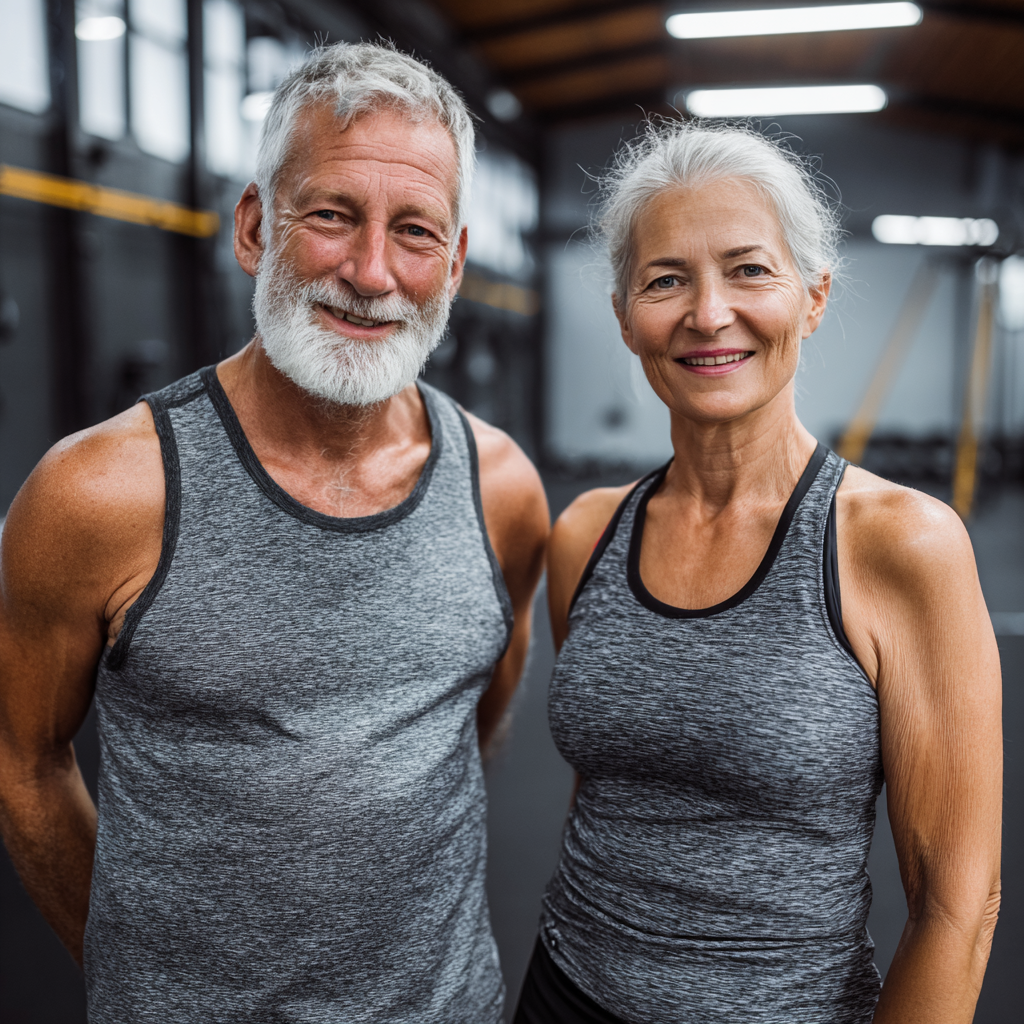 Happy elderly European woman in sportswear holding a protein shake, smiling confidently in a modern gym setting
