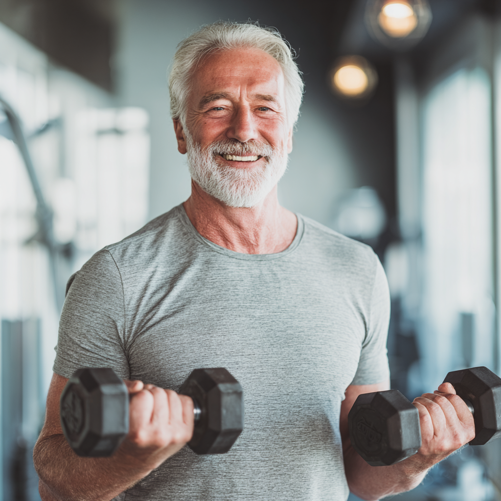 Elderly European man and woman doing precise micro-movements together in a modern rehabilitation center, both looking focused and content